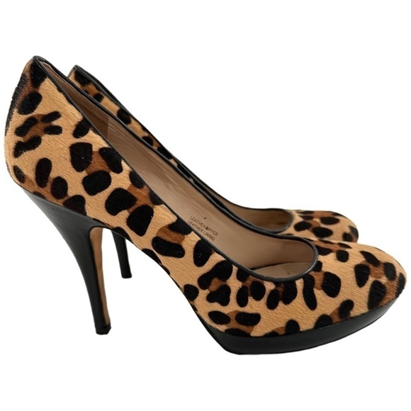 Via Spiga heels size 8 black Italian leather cheetah print calf hair platforms - Picture 1 of 14